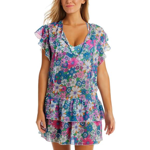 Jessica Simpson Womens Chiffon Tiered Cover-Up Blue M 12874 - Picture 1 of 2